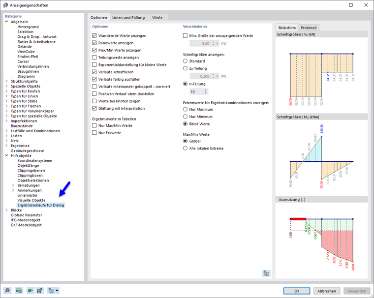 Anzeigeeigenschaften für Ergebnisverläufe anpassen