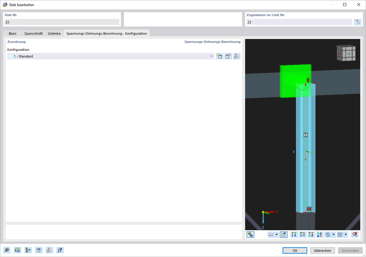 Dialog 'Stab bearbeiten', Register 'Spannungs-Dehnungs-Berechnung - Konfiguration' für die Spannungs-Dehnungs-Berechnung