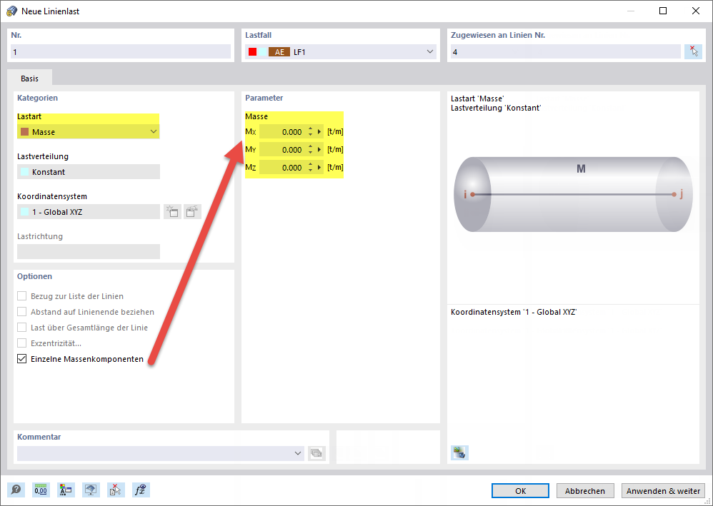 Linienlast mit Lastart 'Masse' definieren