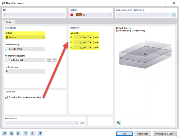 Flächenlast mit Lastart 'Masse' definieren