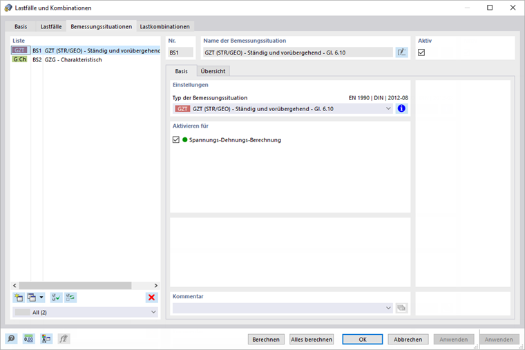 Bemessungssituation für Spannungs-Dehnungs-Berechnung aktivieren