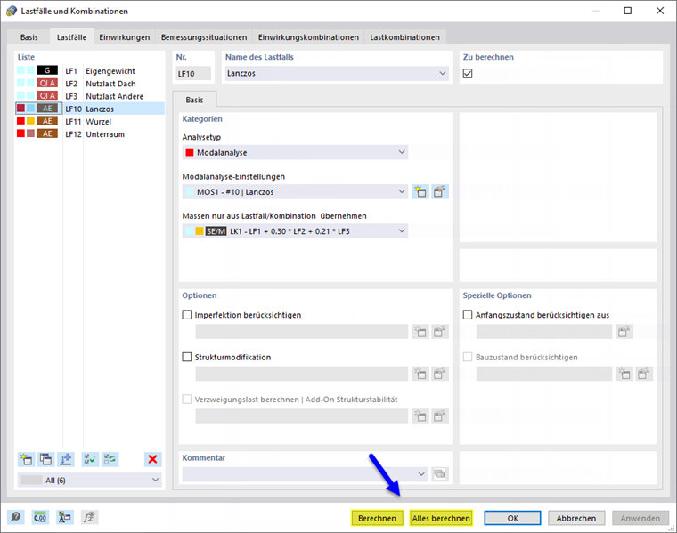 Berechnung im Dialog 'Lastfälle und Kombinationen' starten