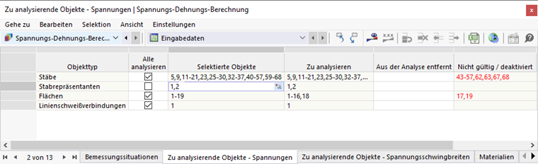 Tabelle 'Zu analysierende Objekte - Spannungen' für Spannungs-Dehnungs-Berechnung