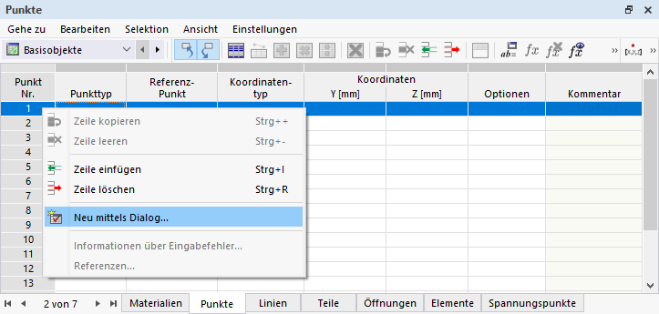 Kontextmenü in Tabelle