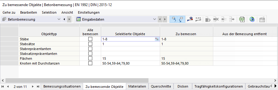 Tabelle 'Zu bemessende Objekte' für Betonbemessung