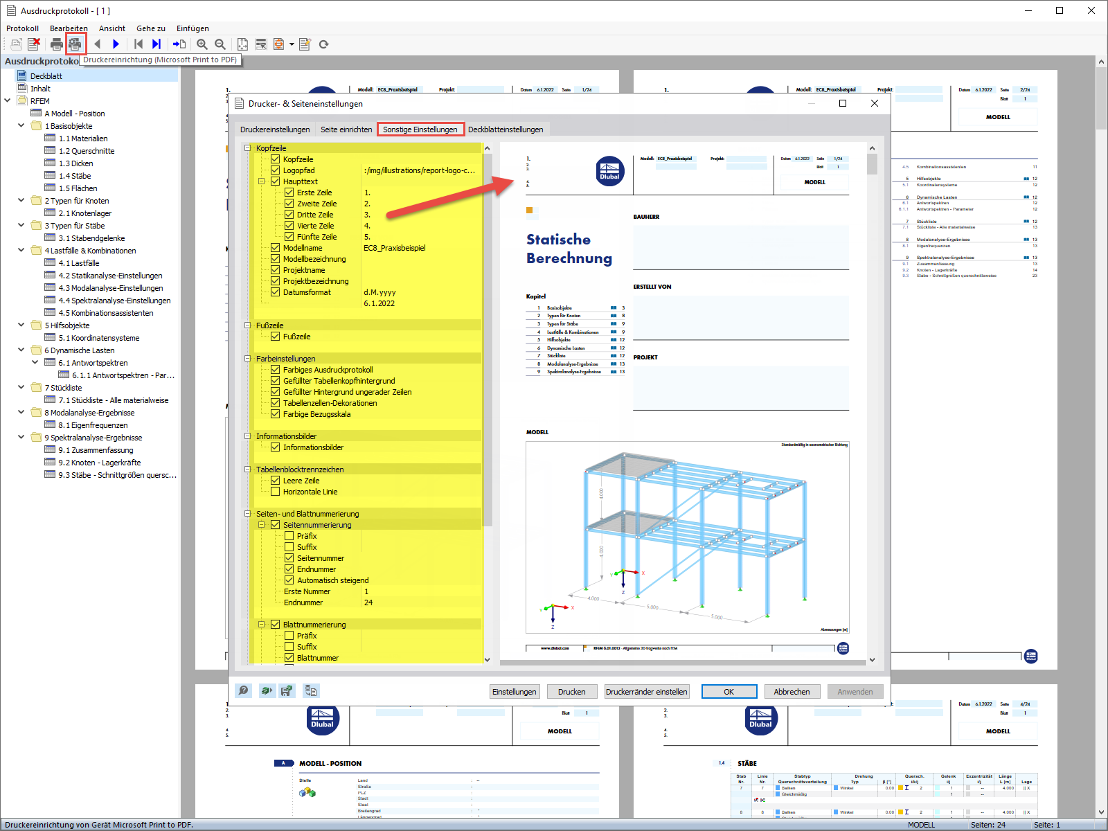FAQ 005172 | Habe ich in RFEM 6/ RSTAB 9 die Möglichkeit, das Layout (z.B. die Kopfzeile) im Ausdruckprotokoll anzupassen?