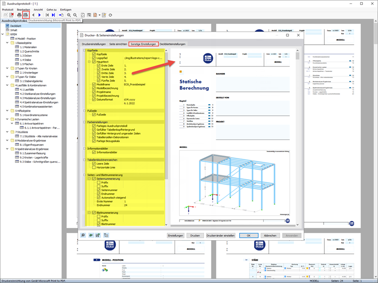 FAQ 005172 | Habe ich in RFEM 6/ RSTAB 9 die Möglichkeit, das Layout (z.B. die Kopfzeile) im Ausdruckprotokoll anzupassen?
