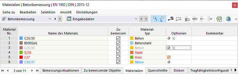 Tabelle 'Materialien' für Betonbemessung
