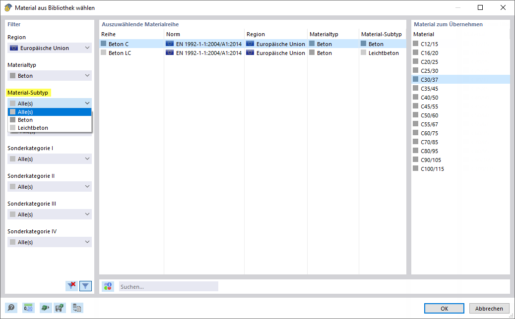 Material-Subtypen Beton und Leichtbeton