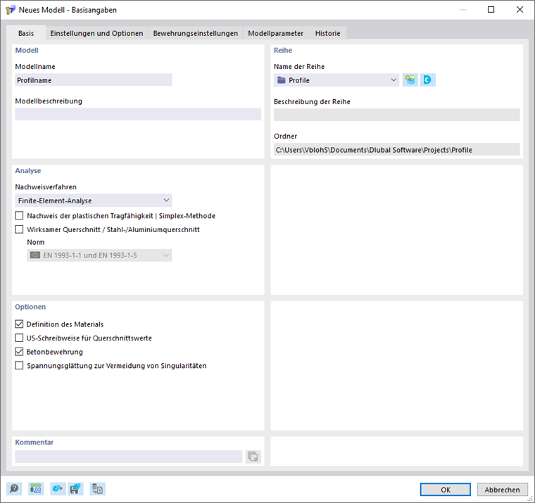 Dialog 'Neues Modell - Basisangaben', Register 'Basis'