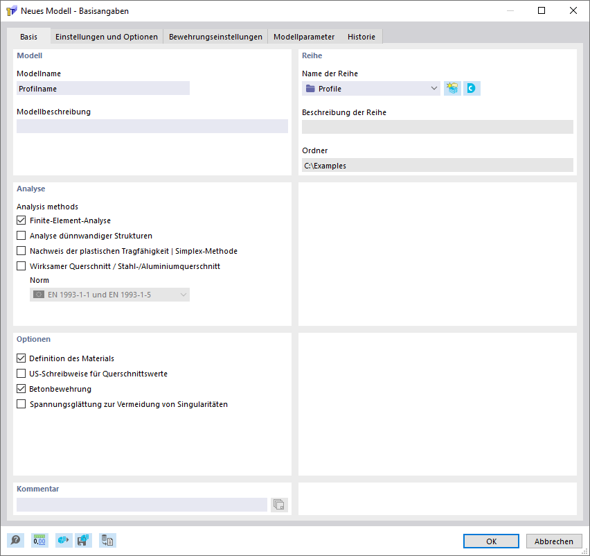 Dialog 'Neues Modell - Basisangaben', Register 'Basis'