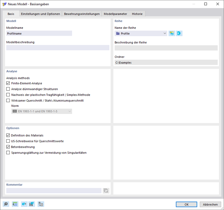 Dialog 'Neues Modell - Basisangaben', Register 'Basis'