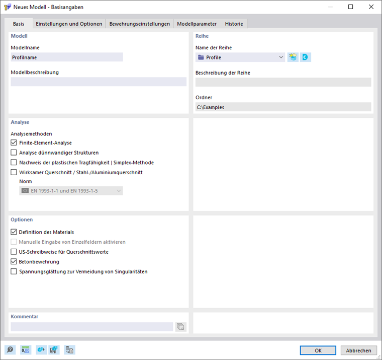 Dialog 'Neues Modell - Basisangaben', Register 'Basis'