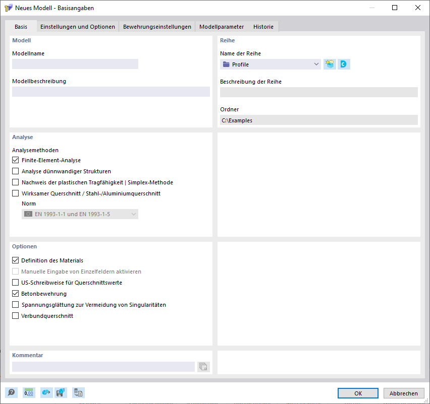 Dialog 'Neues Modell - Basisangaben', Register 'Basis'