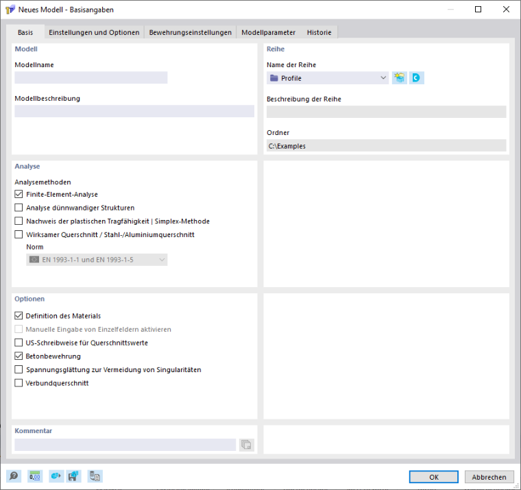 Dialog 'Neues Modell - Basisangaben', Register 'Basis'
