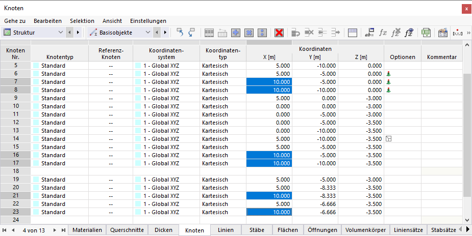 Tabelle 'Knoten' mit selektierten Zellen