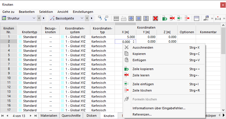 Funktionen im Tabellen-Kontextmenü