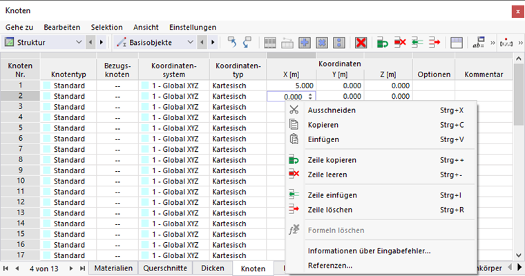 Funktionen im Tabellen-Kontextmenü