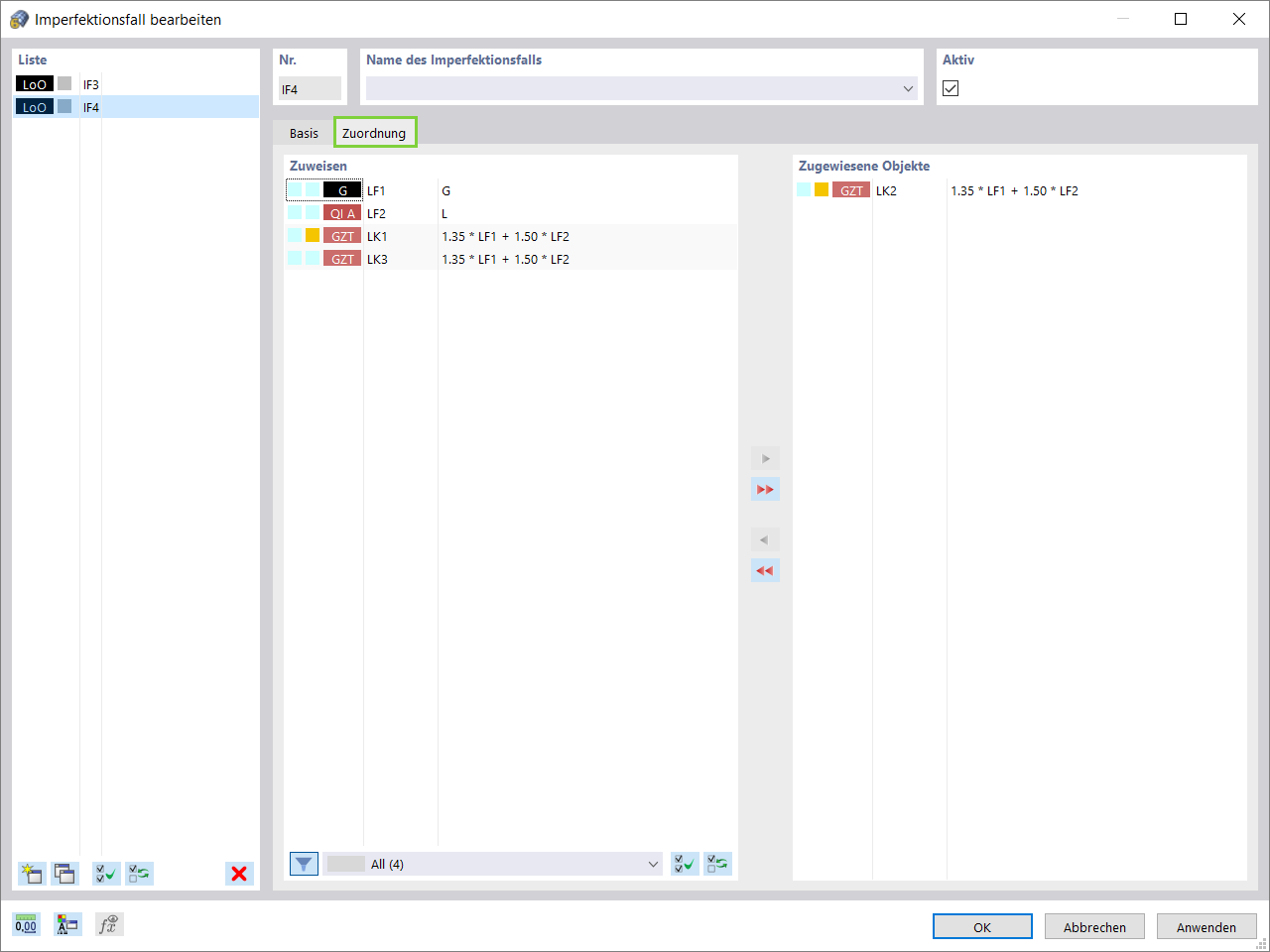 Zuordnung eines Imperfektionsfalls zu vorhandenen Lasten und/oder Lastfällen