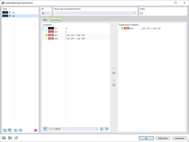 Zuordnung eines Imperfektionsfalls zu vorhandenen Lasten und/oder Lastfällen