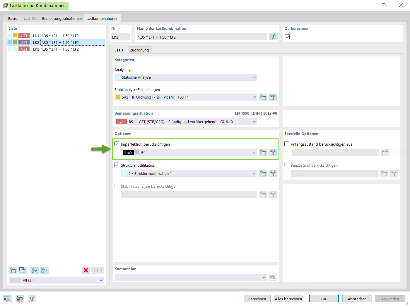 Berücksichtigung von Imperfektionen in Bezug auf Lastfälle und Kombinationen