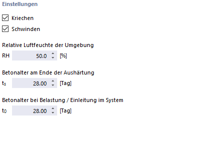 Einstellungen des Materials | Kriechen und Schwinden