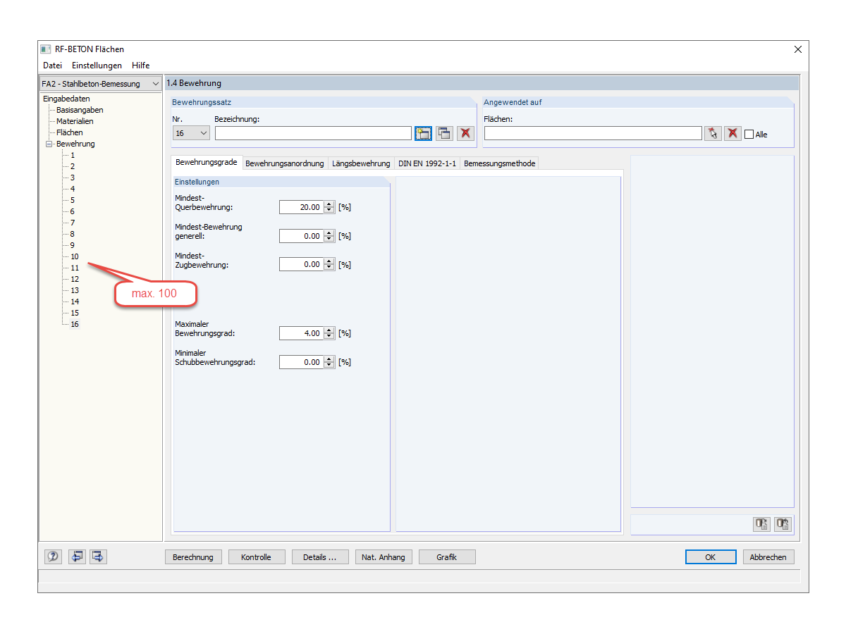 FAQ 005178 | Wie viele Bewehrungssätze können in RF-BETON Flächen in einem Bemessungsfall maximal angelegt werden?