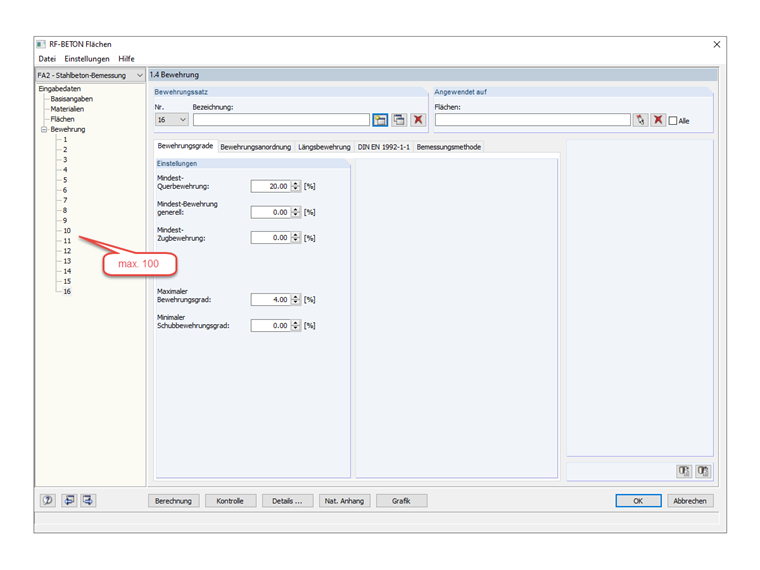 FAQ 005178 | Wie viele Bewehrungssätze können in RF-BETON Flächen in einem Bemessungsfall maximal angelegt werden?