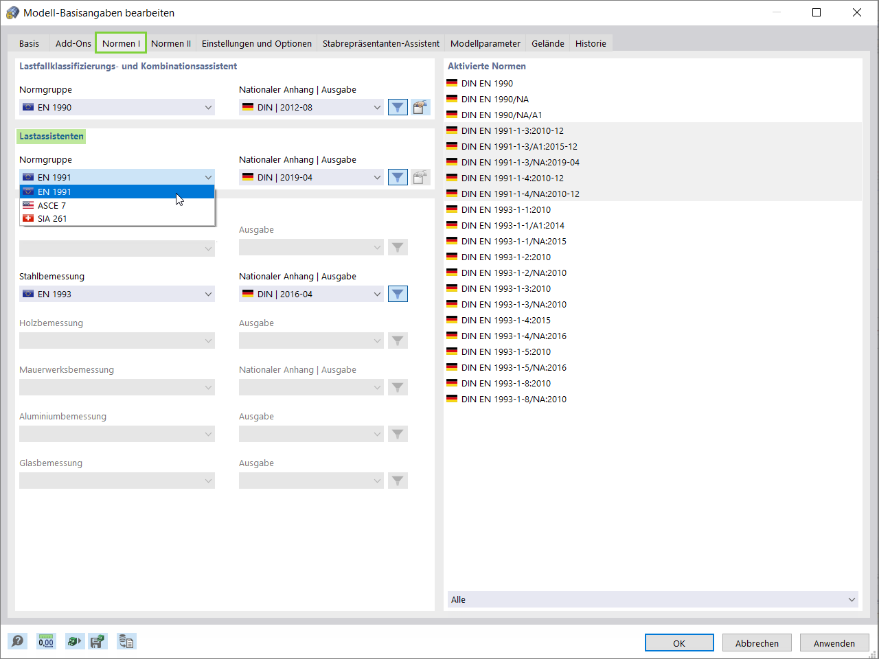 Aktivierung der Normen für die Lastassistenten