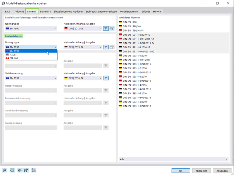 Aktivierung der Normen für die Lastassistenten