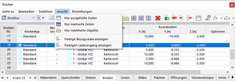 Tabellenmenü 'Ansicht'