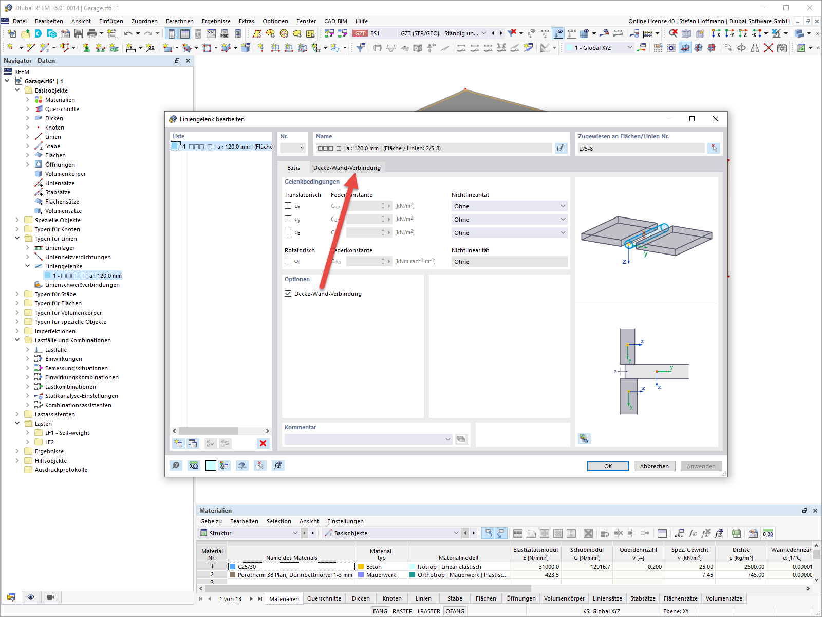 FAQ 005180 | Ich möchte meine Mauerwerkswand gelenkig and die Stahlbetondecke anschließen. Wie erzeuge ich das Liniengelenk am besten?