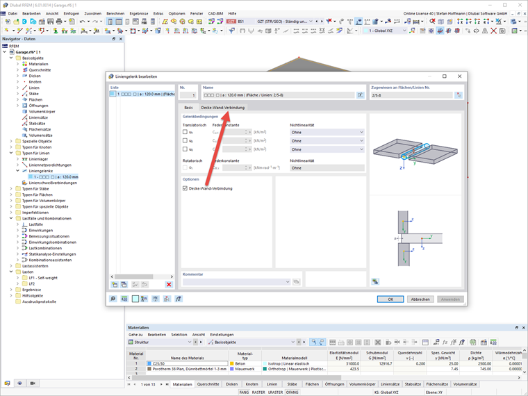 FAQ 005180 | Ich möchte meine Mauerwerkswand gelenkig and die Stahlbetondecke anschließen. Wie erzeuge ich das Liniengelenk am besten?