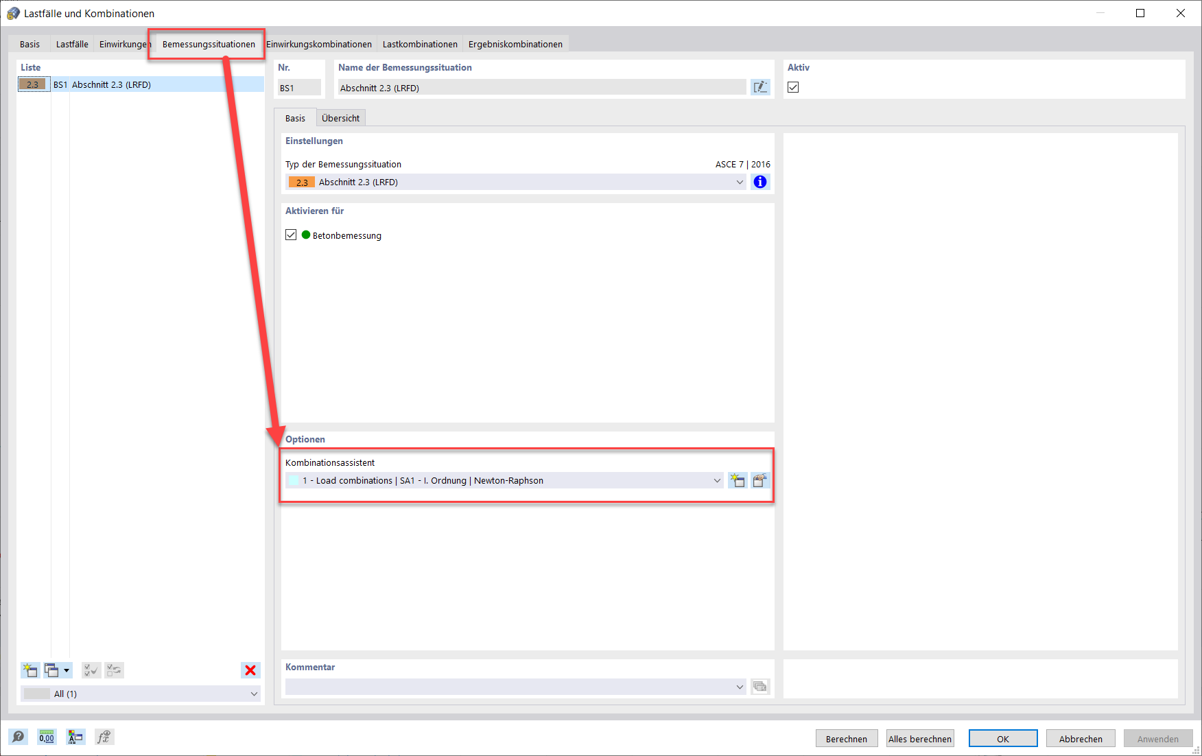 Bearbeitung des Kombinationsassistenten unter Bemessungssituationen