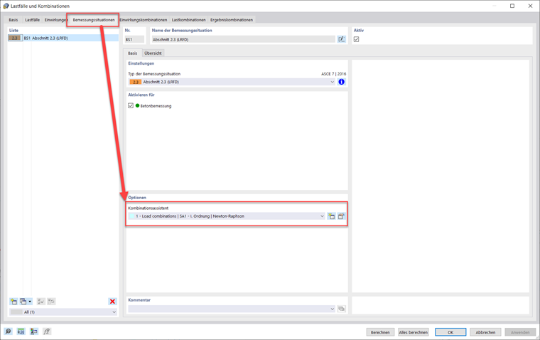 Bearbeitung des Kombinationsassistenten unter Bemessungssituationen