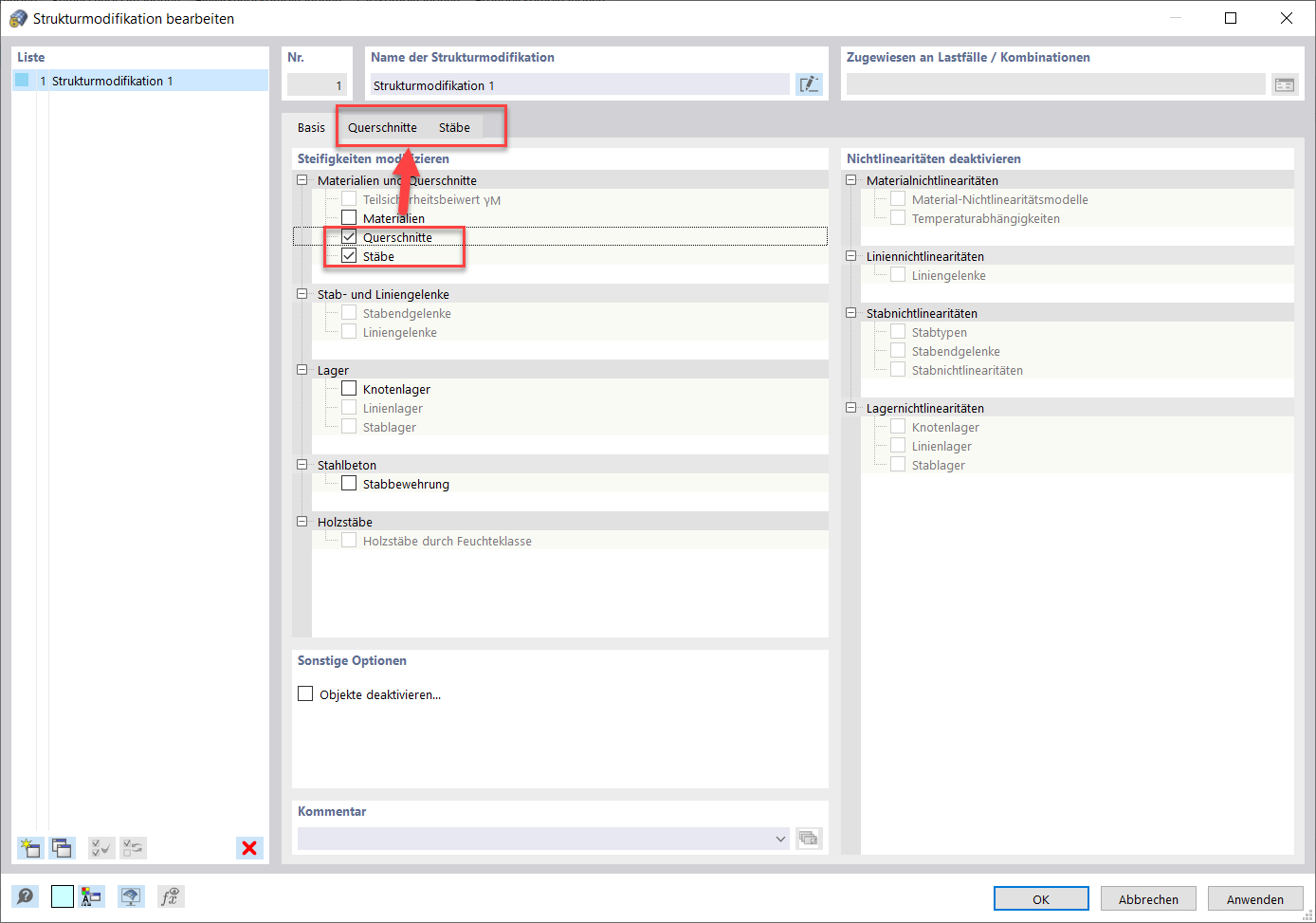 Register Querschnitte und Stäbe zur Steifigkeitsmodifizierung