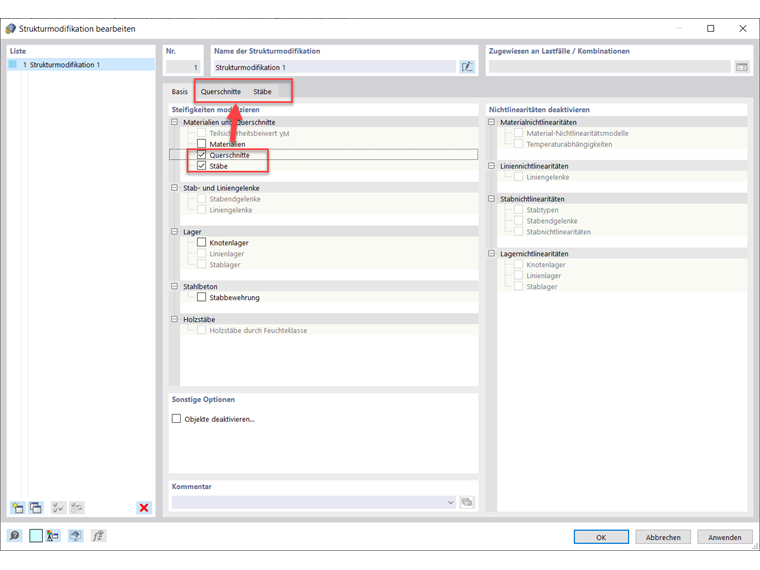 Register Querschnitte und Stäbe zur Steifigkeitsmodifizierung