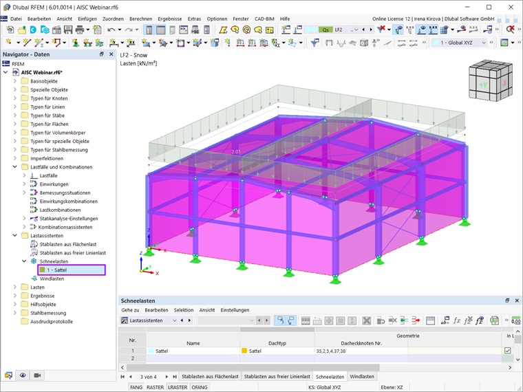 Schneelast generiert durch den Lastassistenten