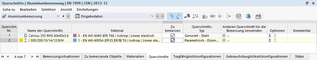 Eingabetabelle für Querschnitte in der Aluminiumbemessung