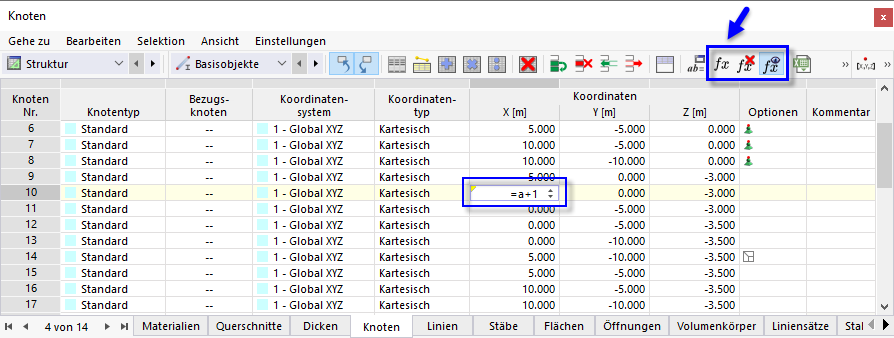 Schaltfläche 'Formel bearbeiten' und Formel in Tabellenzelle