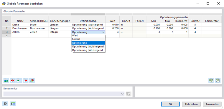 Globale Parameter für Optimierung definieren