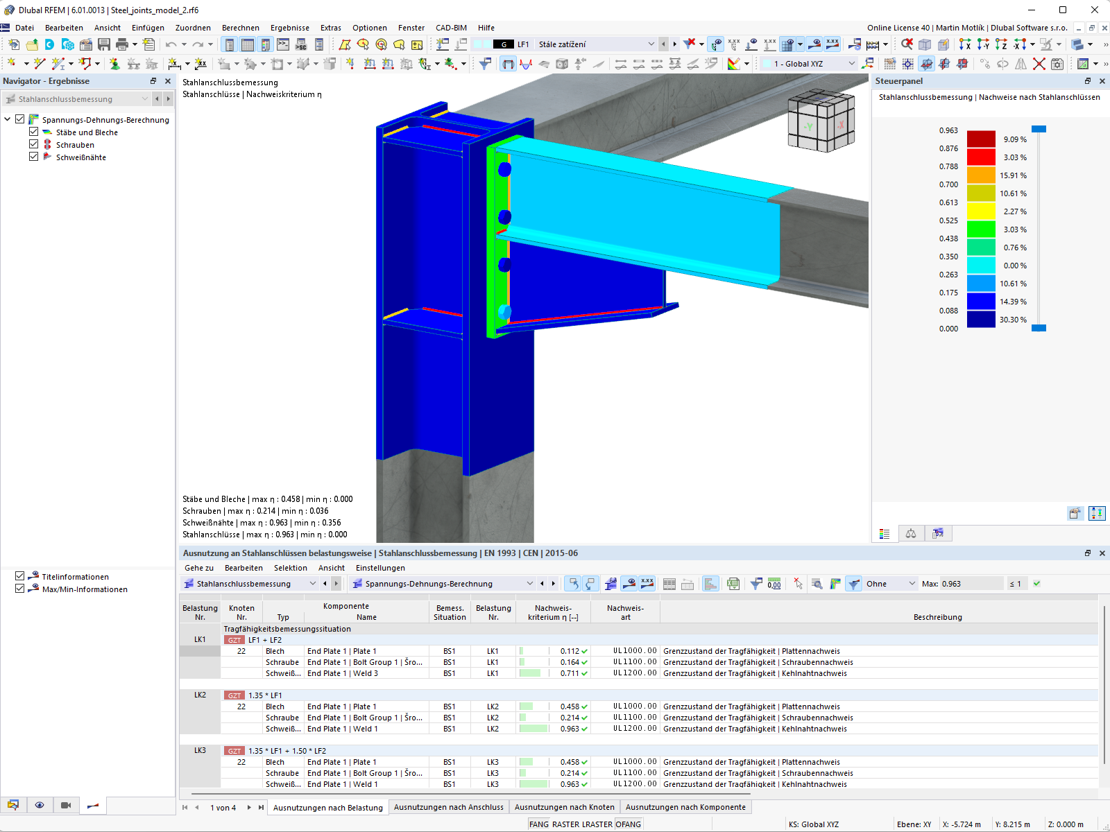 Stahlanschlüsse, Tabelle mit Ergebnissen aus RFEM 6