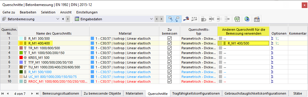 Anderen Querschnitt für Bemessung verwenden