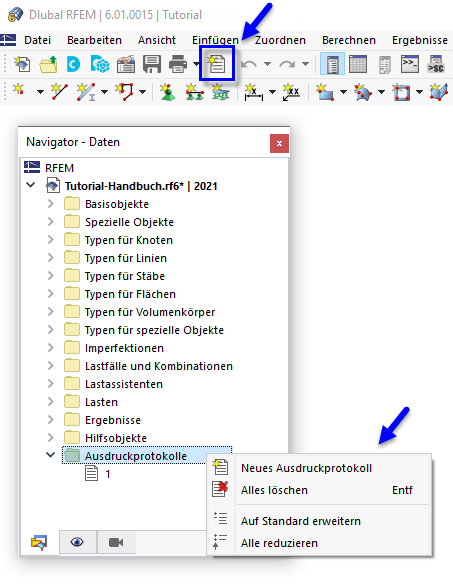 Schaltfläche 'Neues Ausdruckprotokoll' und Kontextmenü