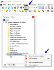Schaltfläche 'Neues Ausdruckprotokoll' und Kontextmenü
