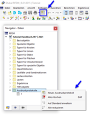 Schaltfläche 'Neues Ausdruckprotokoll' und Kontextmenü