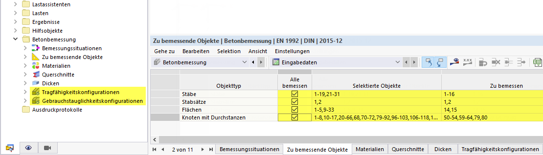 Bemessungskonfigurationen in Navigatorkategorie 'Betonbemessung'