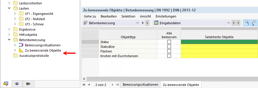 Fehlende Bemessungskonfigurationen bei keinen Objekten für Bemessung
