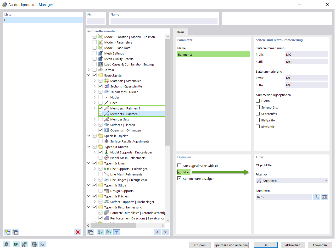 Auswahl der Protokollpositionen im Ausdruckprotokoll