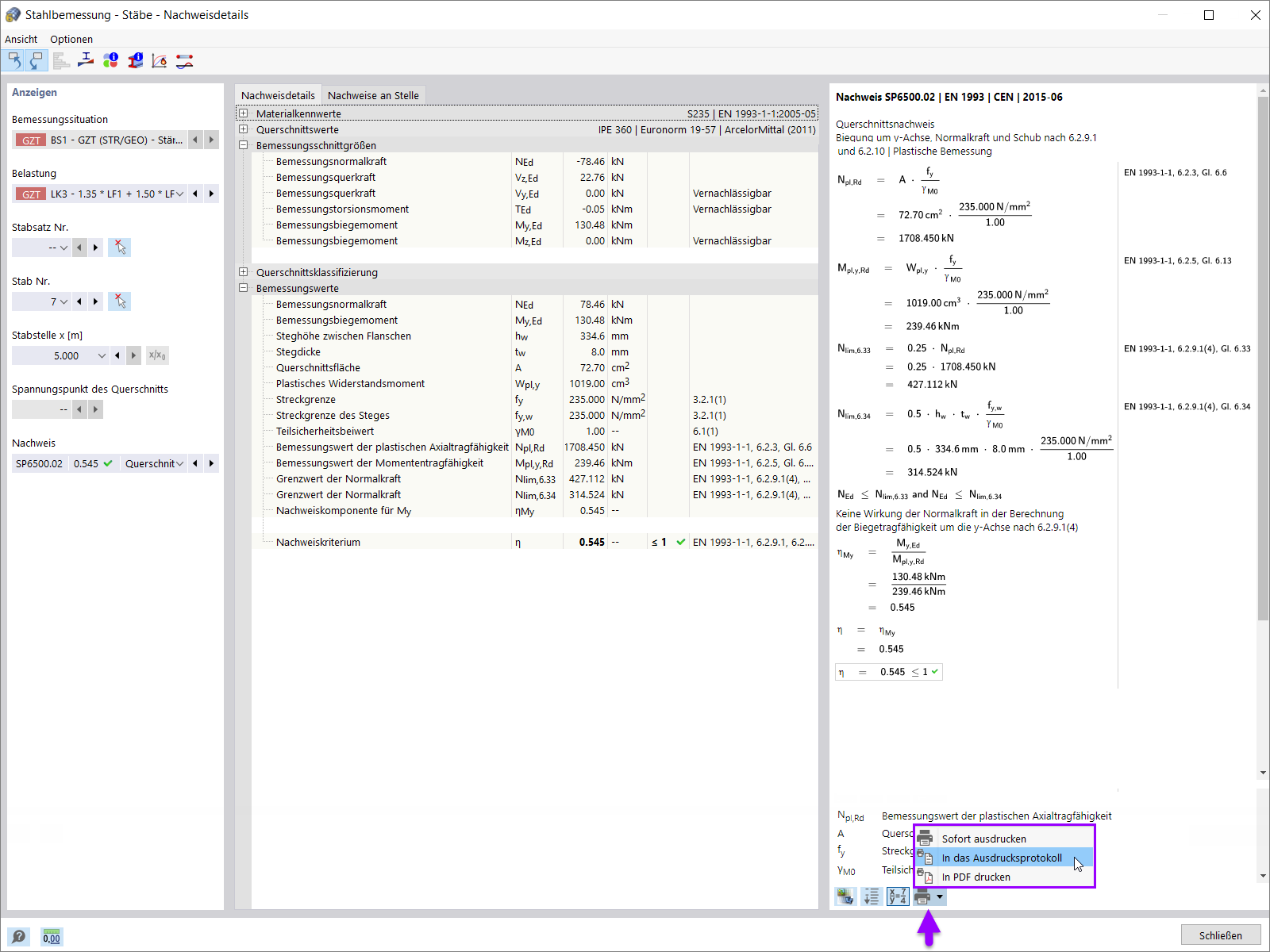 Druck von Nachweisdetails im Ausdruckprotokoll